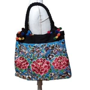 Unbranded Women's Canvas Embroidered Blue Multicolor Floral Ethnic Boho Bag Tote
